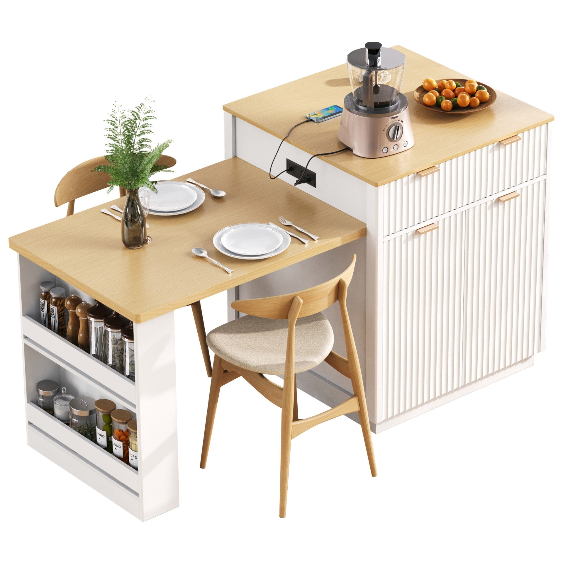 K&K 82.6" Fluted Kitchen Island with Extendable Dining Table for 4-6, Island Table for Kitchen with Power Outlet, Kitchen Table with Double-Side Storage, 2 Drawers 2 Side Open Shelves, White