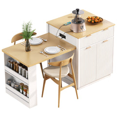 K&K 82.6" Fluted Kitchen Island with Extendable Dining Table for 4-6, Island Table for Kitchen with Power Outlet, Kitchen Table with Double-Side Storage, 2 Drawers 2 Side Open Shelves, White