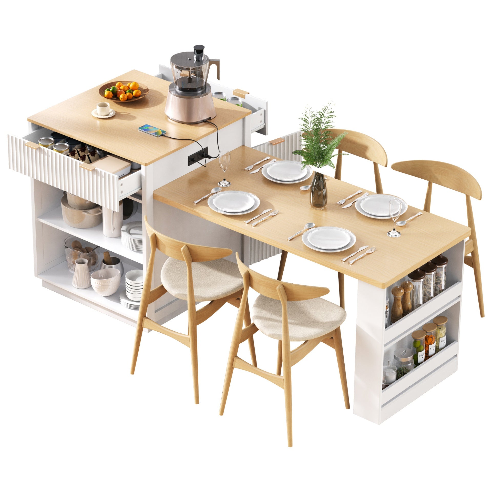 K&K 82.6" Fluted Kitchen Island with Extendable Dining Table for 4-6, Island Table for Kitchen with Power Outlet, Kitchen Table with Double-Side Storage, 2 Drawers 2 Side Open Shelves, White