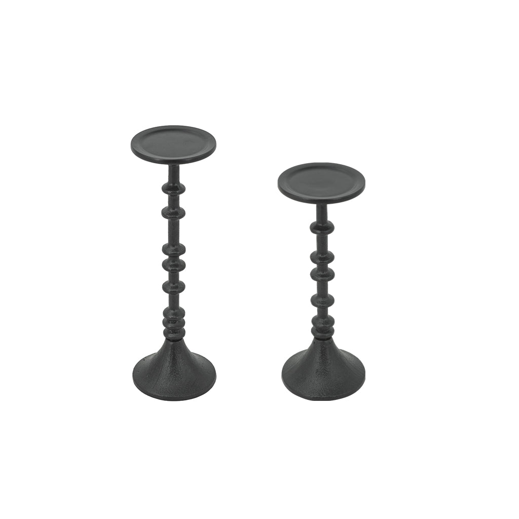 Set of 2 Decorative Black Iron Candle Holder with Spindle Design, L:D4x13.5" S:D4x11"