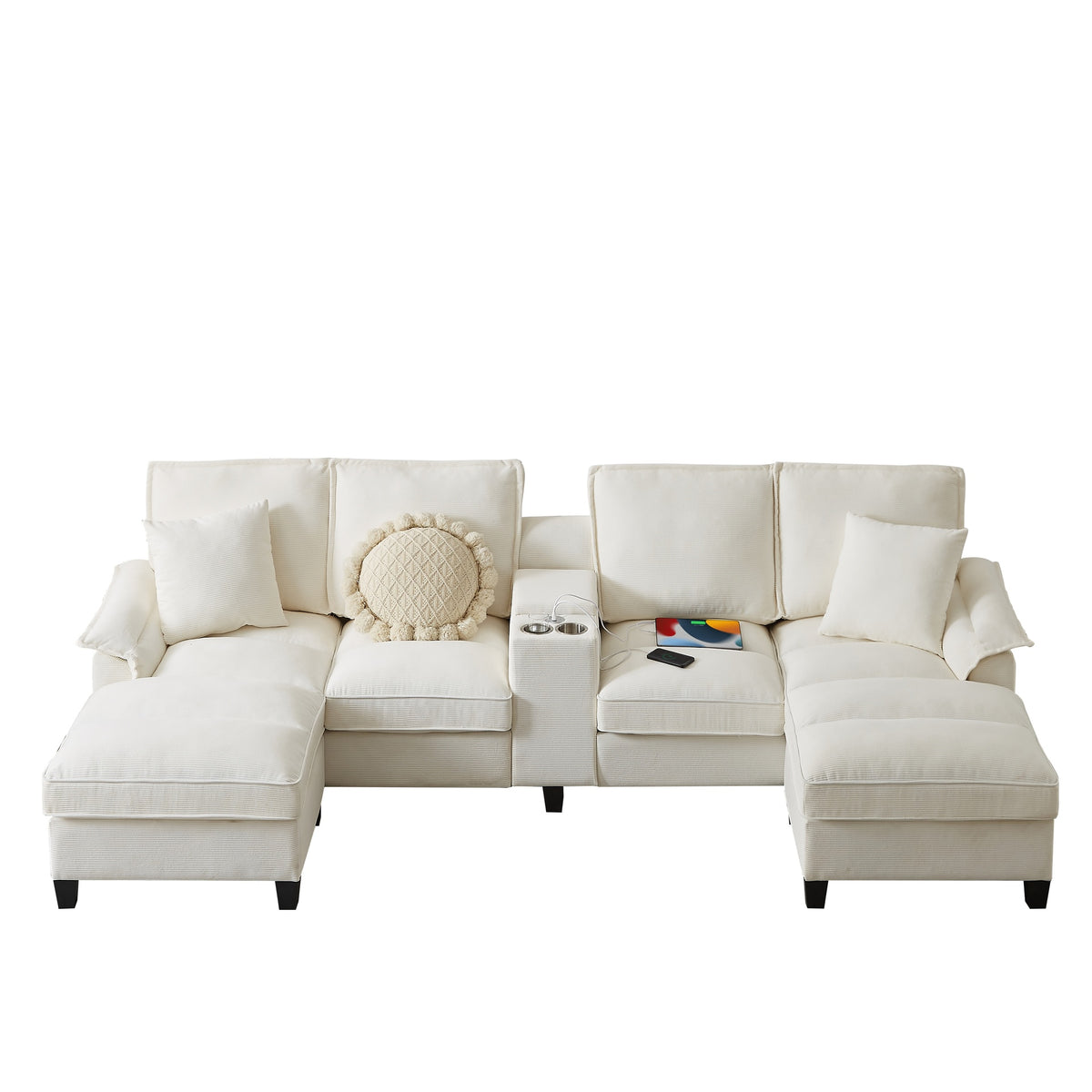 120" Modular Corduroy Sectional Sofa Bed with Storage – Modern U-Shaped Design, 4-Seater, Perfect for Living Room, Apartment, or Lounge, Featuring Cup Holders for Added Convenience (Beige)"