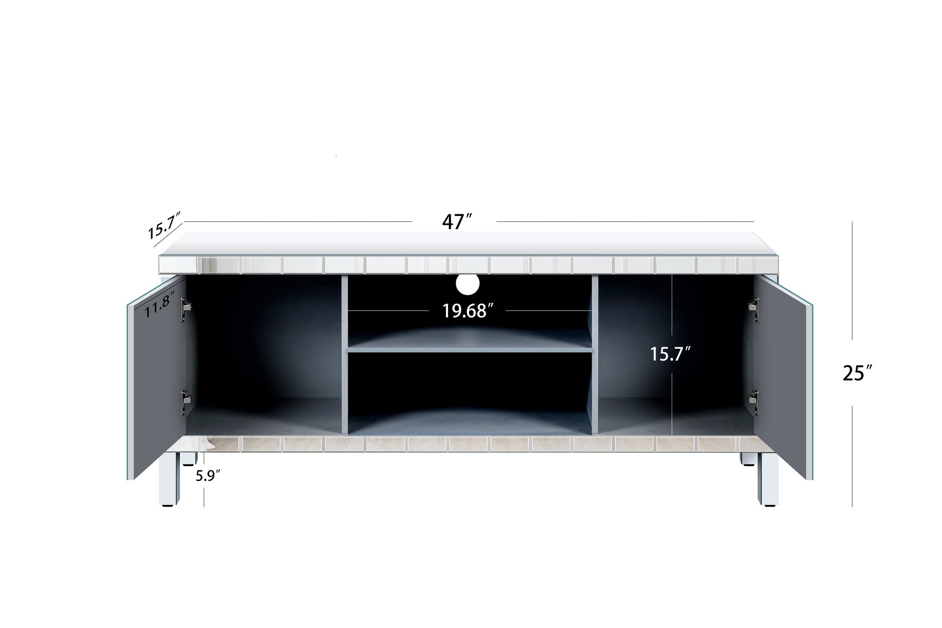 47 Inch Mirror TV Media Console with Diamond Glass Doors, Dual Door Design and Open Storage Space, Compatible with 50-Inch TVs&Modern Decor for Living Room & Bedroom