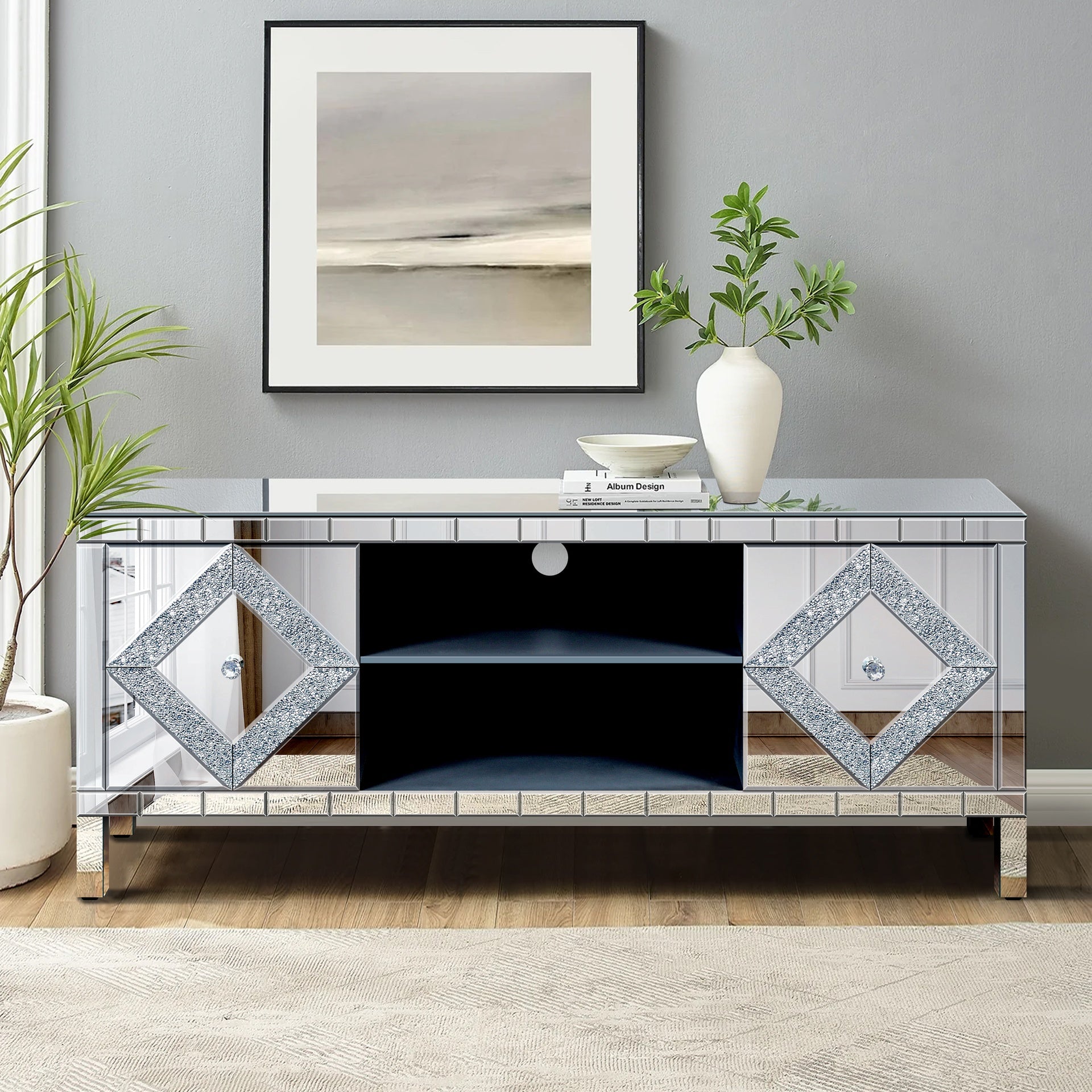 47 Inch Mirror TV Media Console with Diamond Glass Doors, Dual Door Design and Open Storage Space, Compatible with 50-Inch TVs&Modern Decor for Living Room & Bedroom