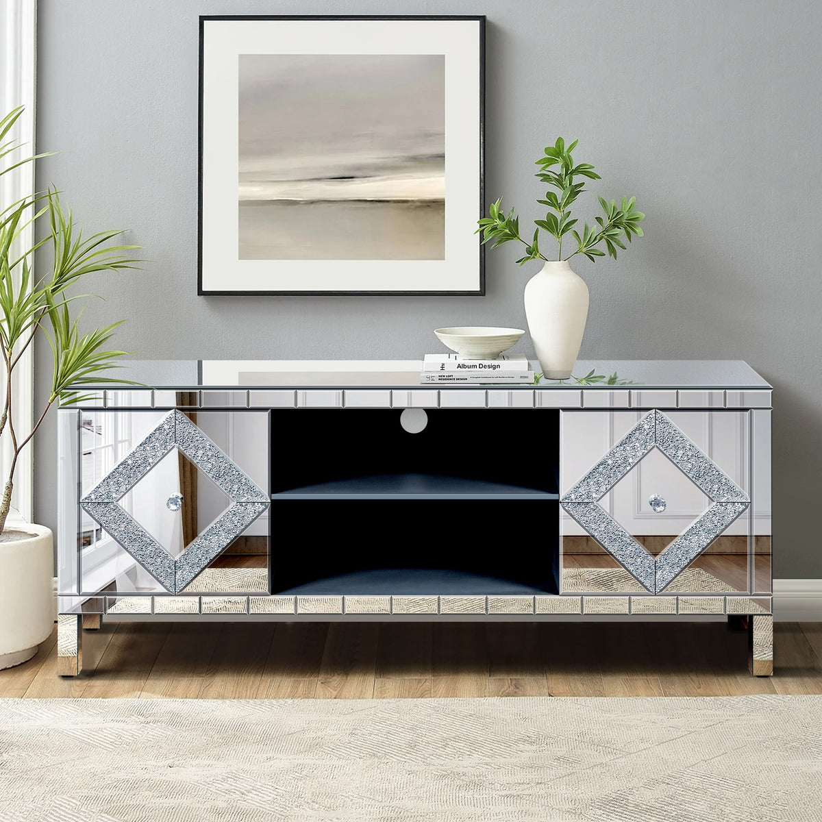 47 Inch Mirror TV Media Console with Diamond Glass Doors, Dual Door Design and Open Storage Space, Compatible with 50-Inch TVs&Modern Decor for Living Room & Bedroom