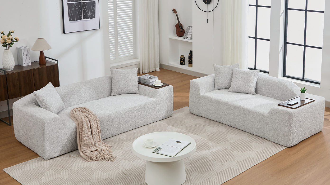 2 Piece Boucle Cloud Sofa Set, Upholstered Sofa Set, Modern 3 Seater and 2 Seater Sofa  with MDF End Table for Living Room ,Apartment,3+2 couch,Boucle, Light Gray