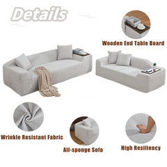 2 Piece Boucle Cloud Sofa Set, Upholstered Sofa Set, Modern 3 Seater and 2 Seater Sofa  with MDF End Table for Living Room ,Apartment,3+2 couch,Boucle, Light Gray