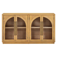 TREXM 4-Door Large Storage Sideboard Buffet Cabinet with Glass Doors, Arched Cabinet with Adjustable Shelves for Kitchen, Dining Room and Living Room (Natural Wood)