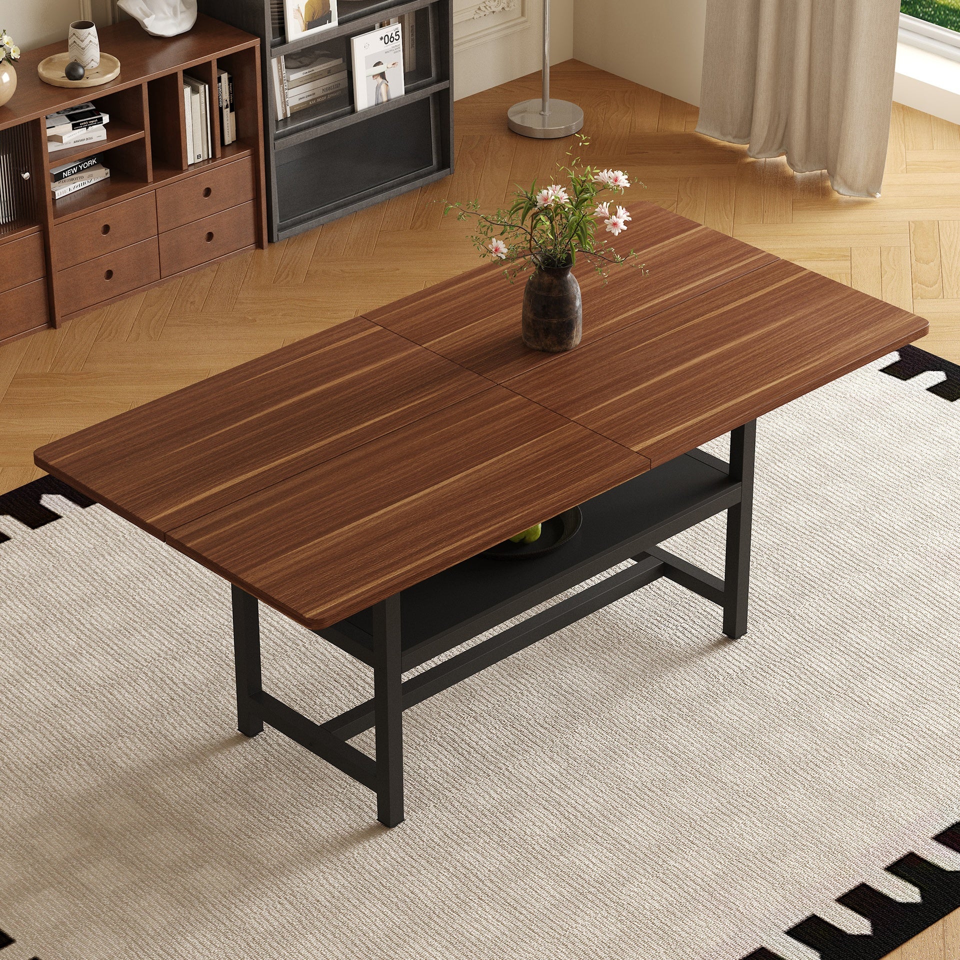 A 71 * 35.4 inch dining table with a tabletop cleverly pieced together by four walnut textured MDF boards. The desktop has a 43.3 * 19.7 storage platform. Very suitable for family gatherings,etc.