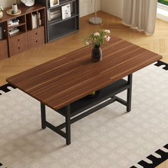 A 71 * 35.4 inch dining table with a tabletop cleverly pieced together by four walnut textured MDF boards. The desktop has a 43.3 * 19.7 storage platform. Very suitable for family gatherings,etc.