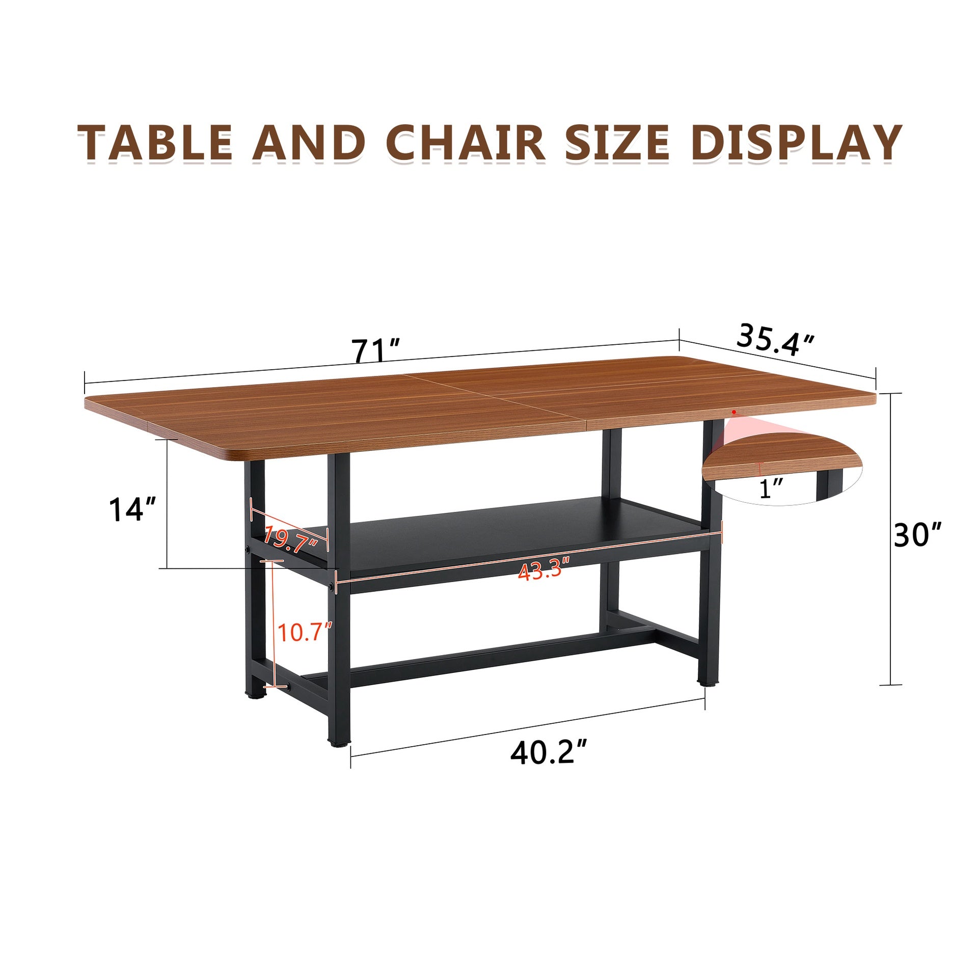 A 71 * 35.4 inch dining table with a tabletop cleverly pieced together by four walnut textured MDF boards. The desktop has a 43.3 * 19.7 storage platform. Very suitable for family gatherings,etc.