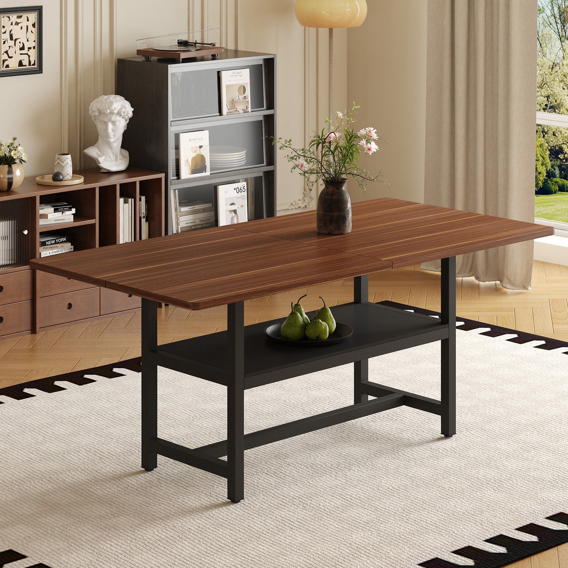 A 71 * 35.4 inch dining table with a tabletop cleverly pieced together by four walnut textured MDF boards. The desktop has a 43.3 * 19.7 storage platform. Very suitable for family gatherings,etc.