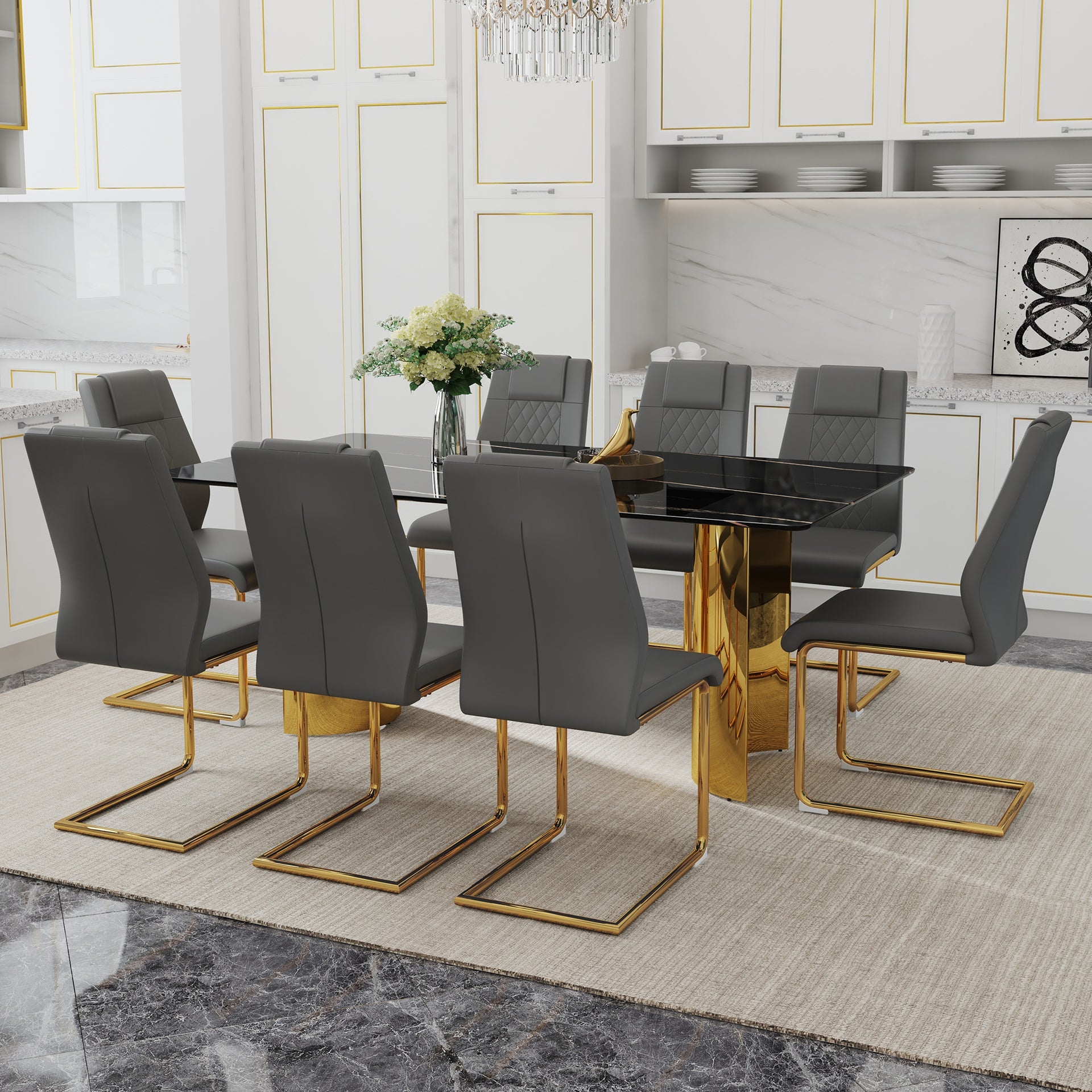 Table and chair set.The table has a glass tabletop with imitation marble pattern stickers and stainless steel golden legs. Paried with 8 comfortable chairs with PU seats and metal legs.W1151S01516