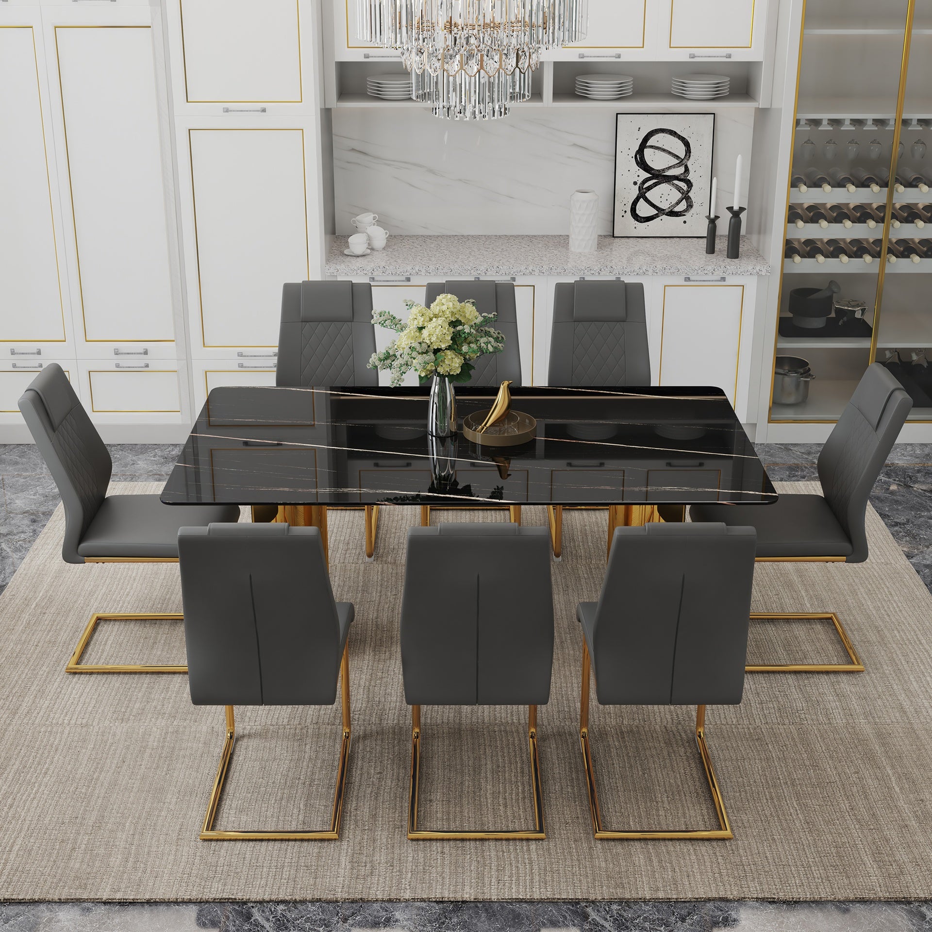Table and chair set.The table has a glass tabletop with imitation marble pattern stickers and stainless steel golden legs. Paried with 8 comfortable chairs with PU seats and metal legs.W1151S01516