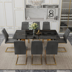 Table and chair set.The table has a glass tabletop with imitation marble pattern stickers and stainless steel golden legs. Paried with 8 comfortable chairs with PU seats and metal legs.W1151S01516