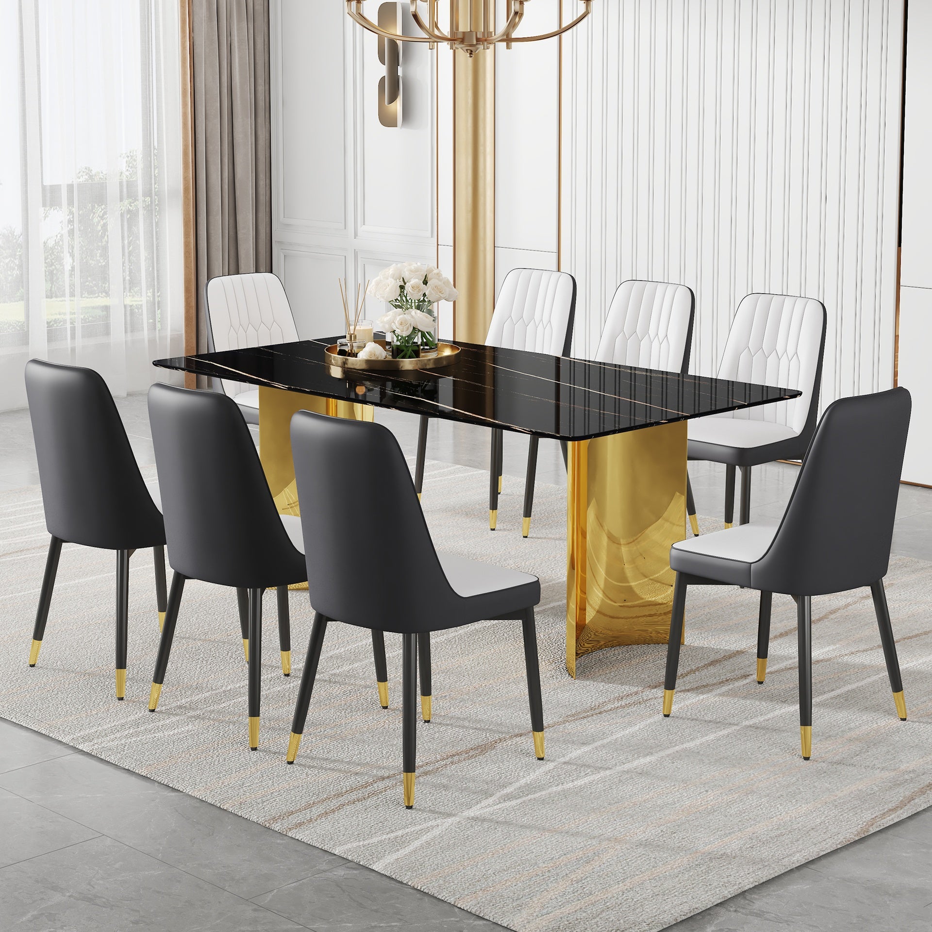 Table and chair set.The table has a glass top with imitation marble pattern stickers and stainless steel golden legs. Paried with 8 White and Dark Gray Spliced Color PU Dining Chairs.W1151S01559
