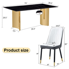 Table and chair set.The table has a glass top with imitation marble pattern stickers and stainless steel golden legs. Paried with 8 White and Dark Gray Spliced Color PU Dining Chairs.W1151S01559