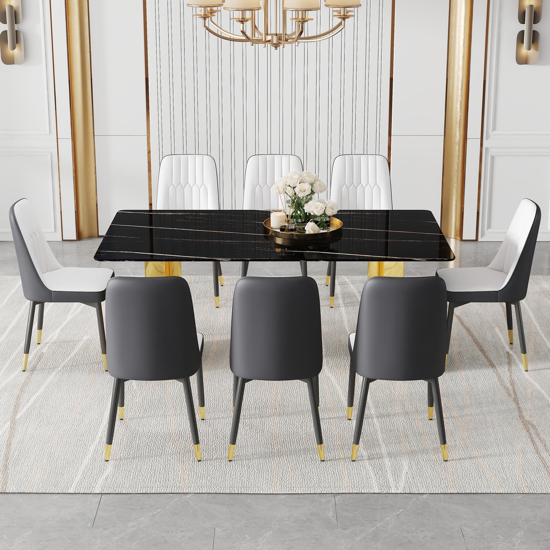 Table and chair set.The table has a glass top with imitation marble pattern stickers and stainless steel golden legs. Paried with 8 White and Dark Gray Spliced Color PU Dining Chairs.W1151S01559