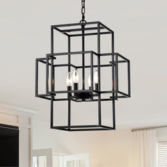 4-Light Metal Lantern Tiered Pendant Hanging Light Fixtures, Industrial Farmhouse Adjustable Height  Chandeliers for Dining Room Hallway Foyer Entryway--Matte Black (E12 Bulbs Not Included)