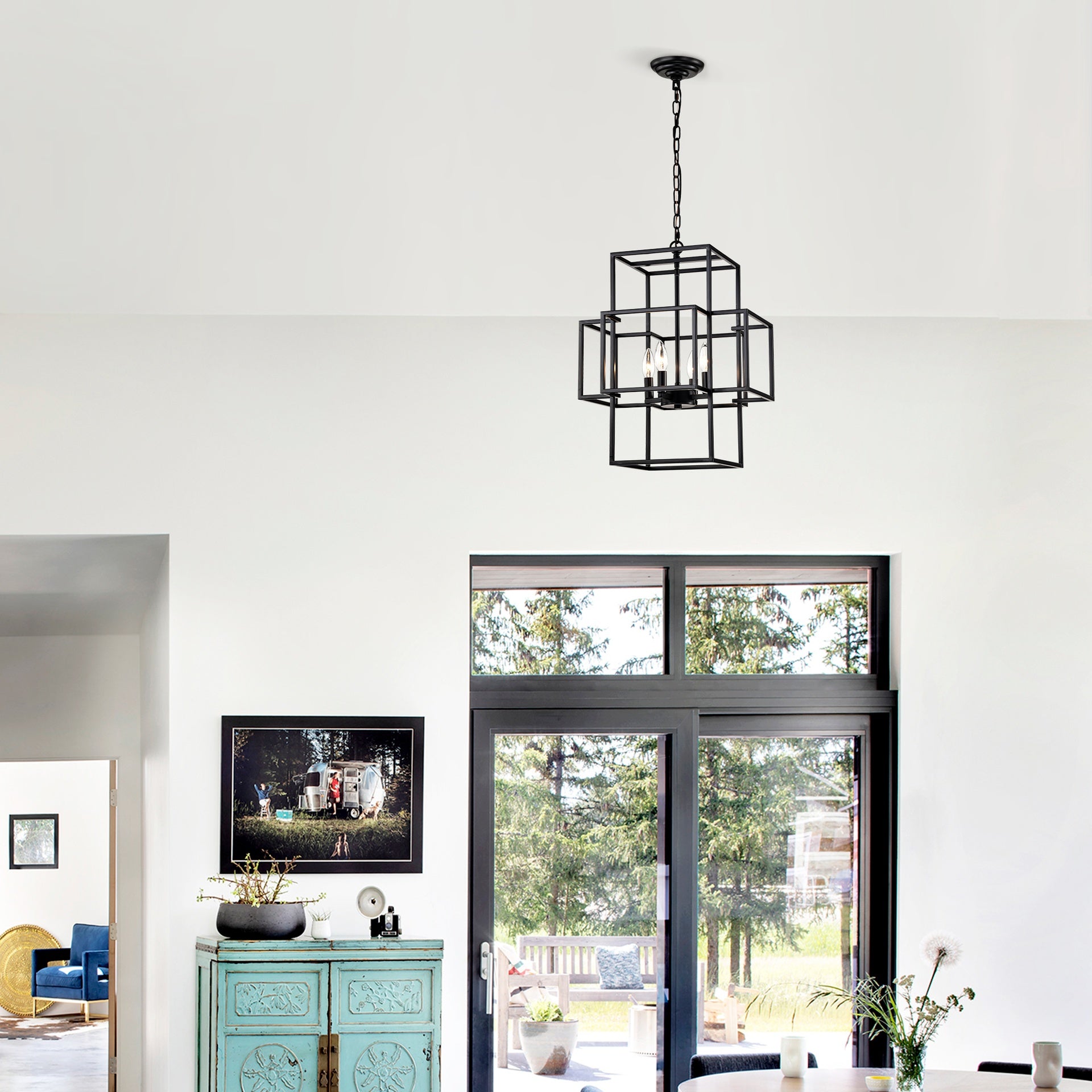 4-Light Metal Lantern Tiered Pendant Hanging Light Fixtures, Industrial Farmhouse Adjustable Height  Chandeliers for Dining Room Hallway Foyer Entryway--Matte Black (E12 Bulbs Not Included)