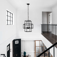 4-Light Metal Lantern Tiered Pendant Hanging Light Fixtures, Industrial Farmhouse Adjustable Height  Chandeliers for Dining Room Hallway Foyer Entryway--Matte Black (E12 Bulbs Not Included)