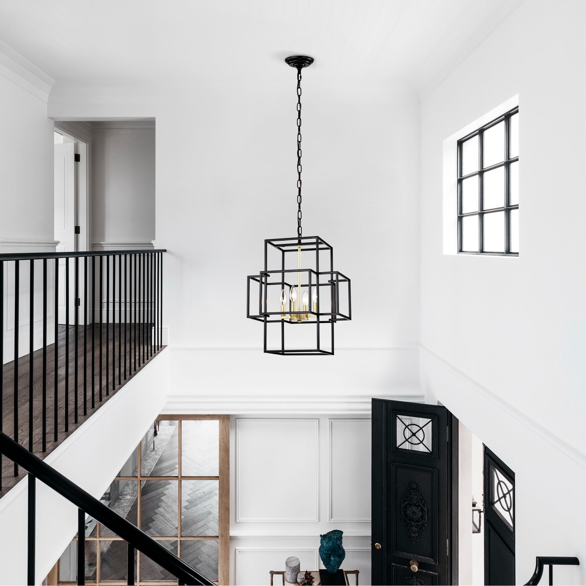 4-Light Metal Lantern Tiered Pendant Hanging Light Fixtures, Industrial Farmhouse Adjustable Height  Chandeliers for Dining Room Hallway Foyer Entryway--Matte Black & Gold (E12 Bulbs Not Included)