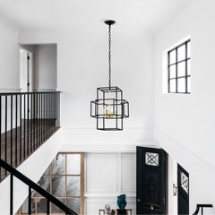 4-Light Metal Lantern Tiered Pendant Hanging Light Fixtures, Industrial Farmhouse Adjustable Height  Chandeliers for Dining Room Hallway Foyer Entryway--Matte Black & Gold (E12 Bulbs Not Included)