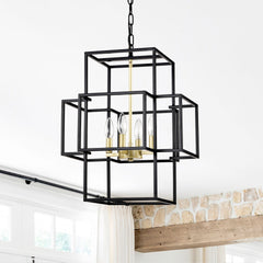 4-Light Metal Lantern Tiered Pendant Hanging Light Fixtures, Industrial Farmhouse Adjustable Height  Chandeliers for Dining Room Hallway Foyer Entryway--Matte Black & Gold (E12 Bulbs Not Included)
