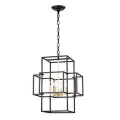 4-Light Metal Lantern Tiered Pendant Hanging Light Fixtures, Industrial Farmhouse Adjustable Height  Chandeliers for Dining Room Hallway Foyer Entryway--Matte Black & Gold (E12 Bulbs Not Included)