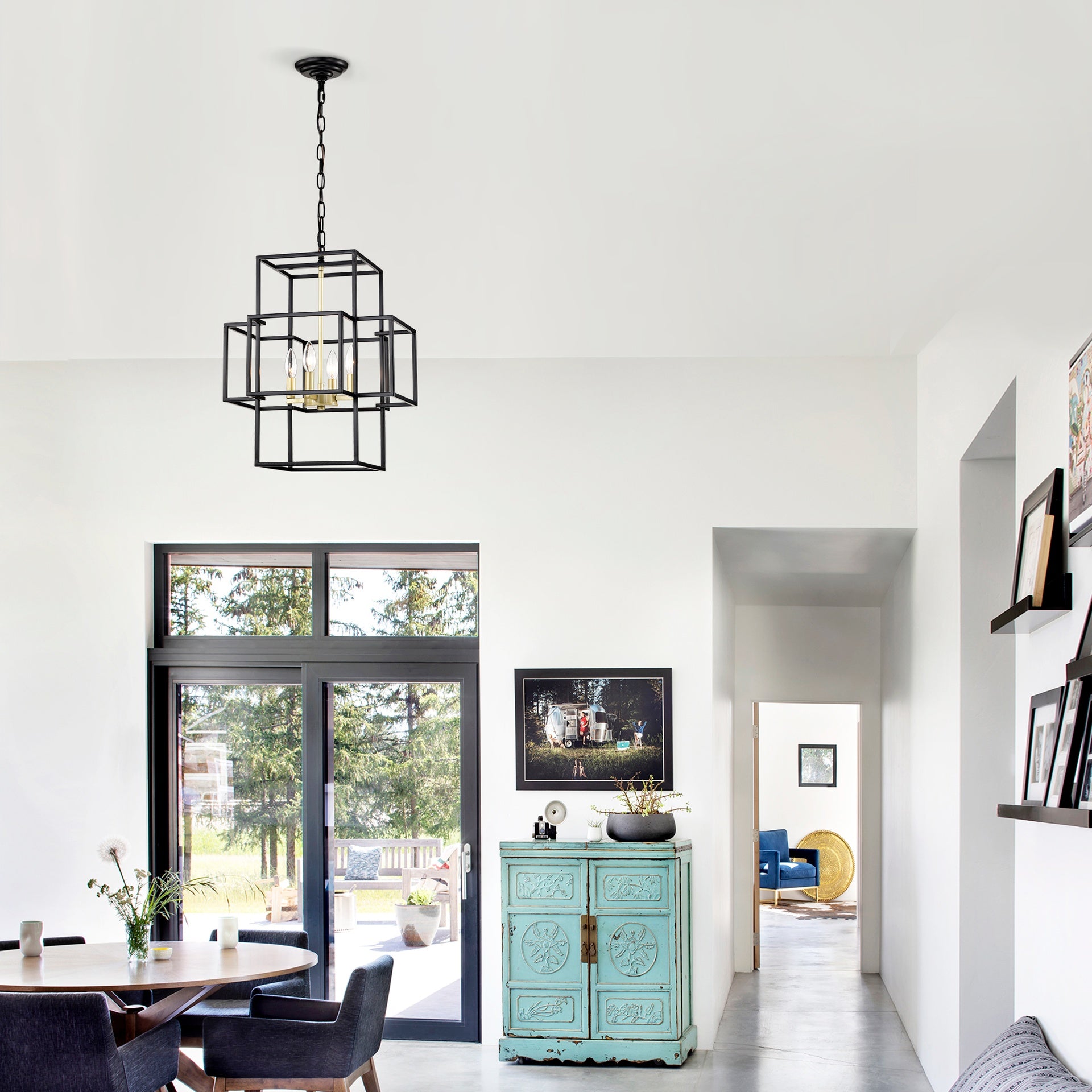 4-Light Metal Lantern Tiered Pendant Hanging Light Fixtures, Industrial Farmhouse Adjustable Height  Chandeliers for Dining Room Hallway Foyer Entryway--Matte Black & Gold (E12 Bulbs Not Included)
