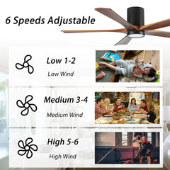 60'' Ceiling Fan with Light, Flush Mount, 5 Solid Wood Blades, Quiet Reversible DC Motor, APP & Remote Control, Dimmable Full-Spectrum LED, for 20x20 ft Living Room or Bedroom, No-Slope Ceiling Design