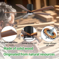 60'' Ceiling Fan with Light, Flush Mount, 5 Solid Wood Blades, Quiet Reversible DC Motor, APP & Remote Control, Dimmable Full-Spectrum LED, for 20x20 ft Living Room or Bedroom, No-Slope Ceiling Design