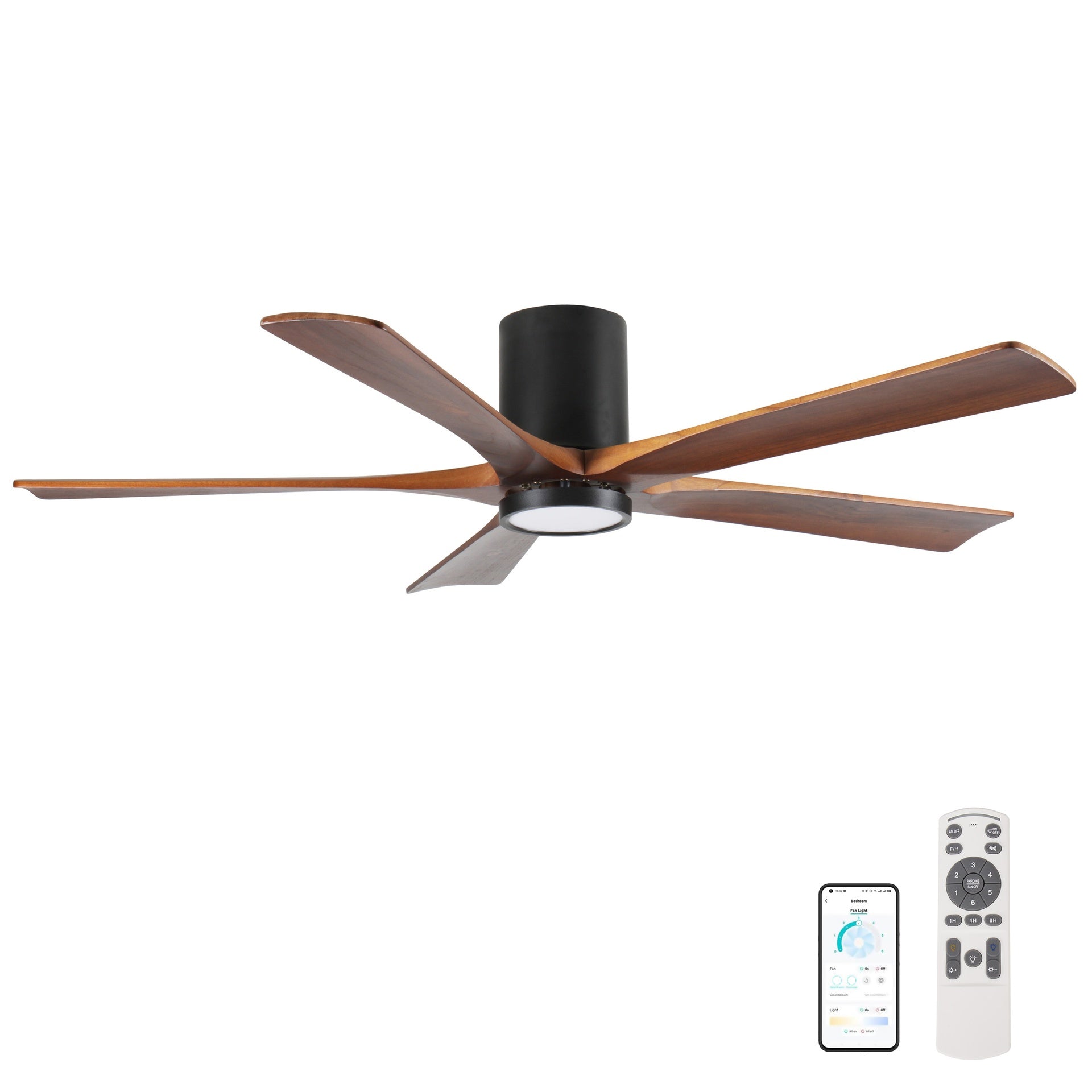 60'' Ceiling Fan with Light, Flush Mount, 5 Solid Wood Blades, Quiet Reversible DC Motor, APP & Remote Control, Dimmable Full-Spectrum LED, for 20x20 ft Living Room or Bedroom, No-Slope Ceiling Design
