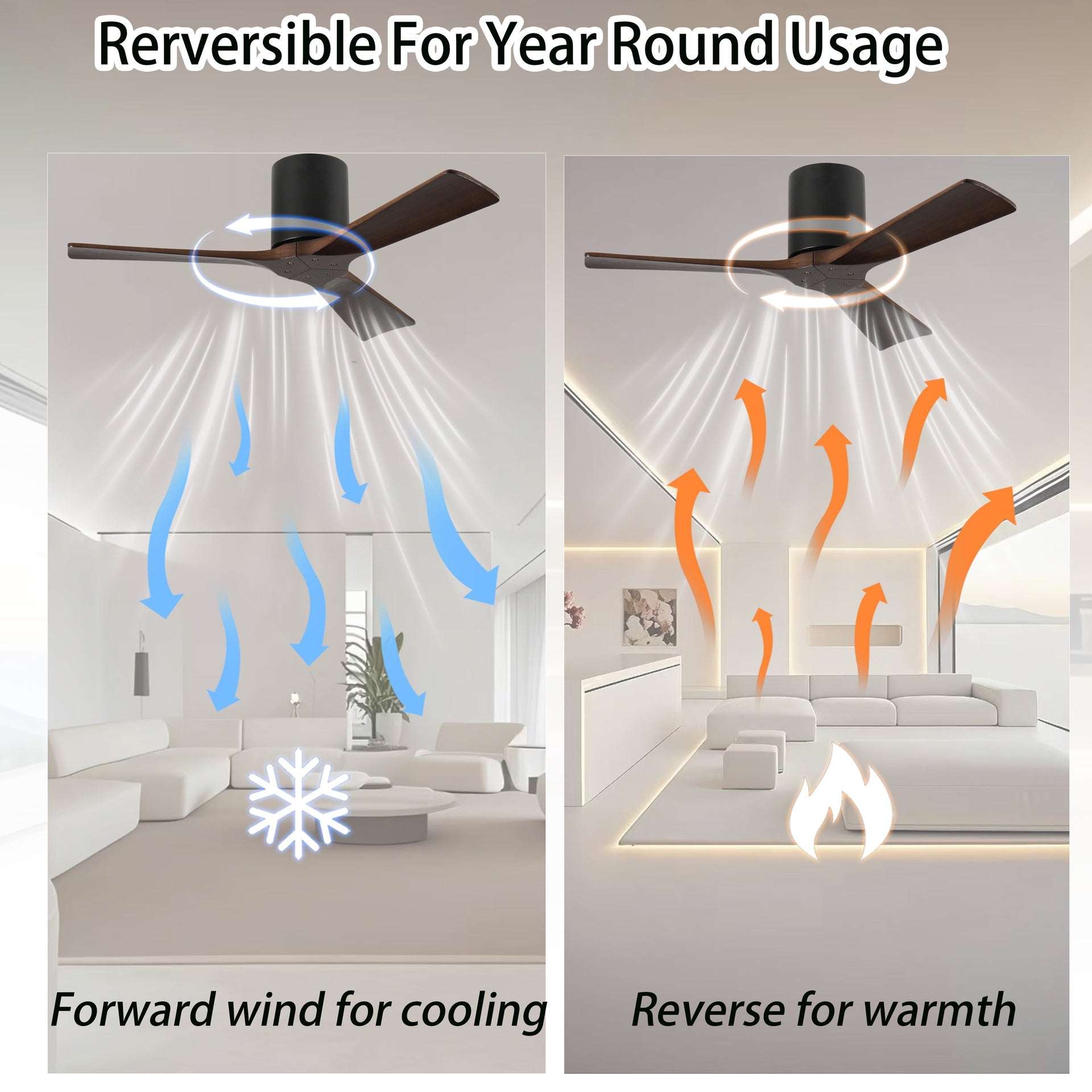 42-Inch Flush Mount Ceiling Fan Without Light, Solid Wood Blades, Reversible Quiet DC Motor, Remote Control with 6 Speeds & Timer, Energy Saving for Bedroom, Living Room, No Sloped Ceiling