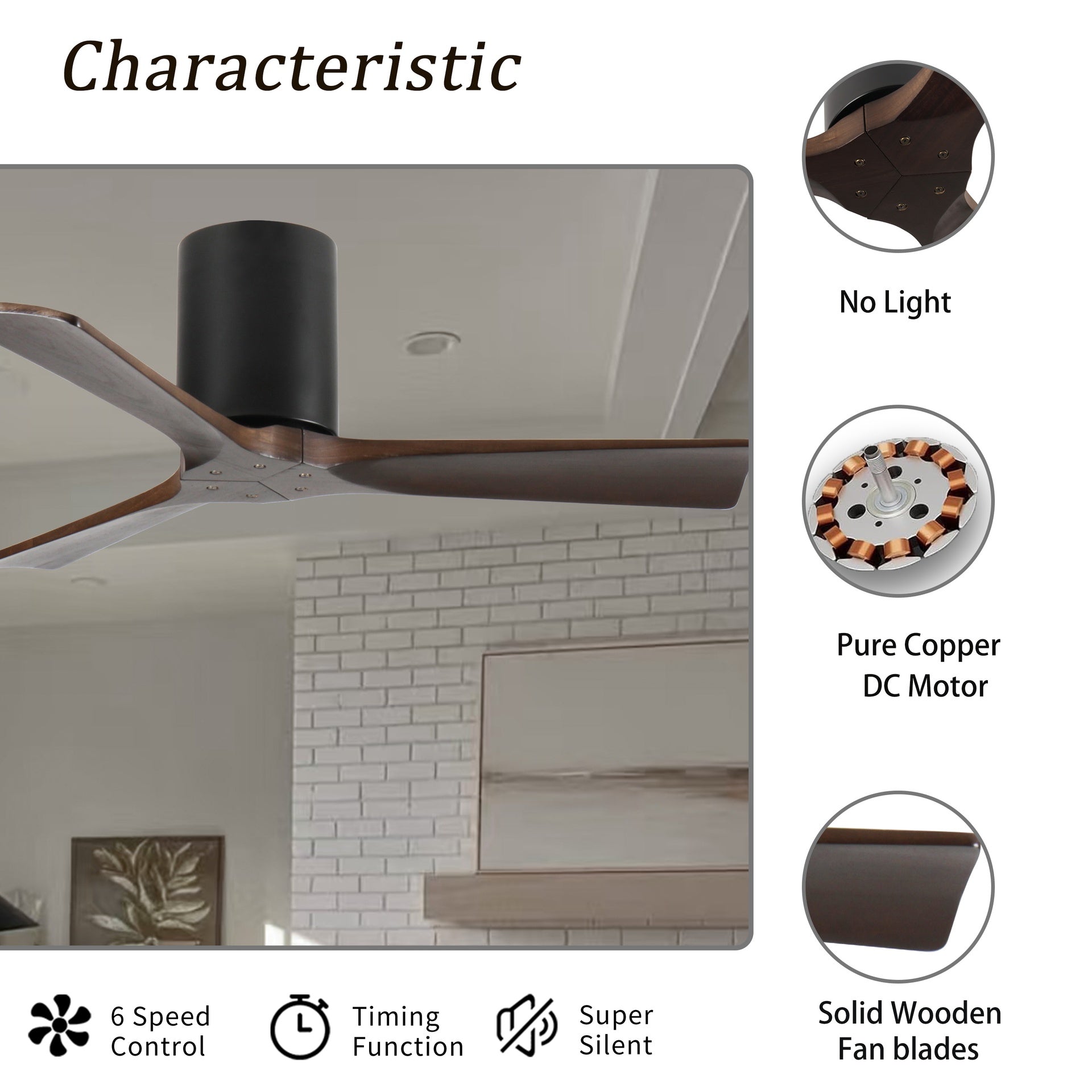 42-Inch Flush Mount Ceiling Fan Without Light, Solid Wood Blades, Reversible Quiet DC Motor, Remote Control with 6 Speeds & Timer, Energy Saving for Bedroom, Living Room, No Sloped Ceiling