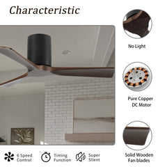 42-Inch Flush Mount Ceiling Fan Without Light, Solid Wood Blades, Reversible Quiet DC Motor, Remote Control with 6 Speeds & Timer, Energy Saving for Bedroom, Living Room, No Sloped Ceiling