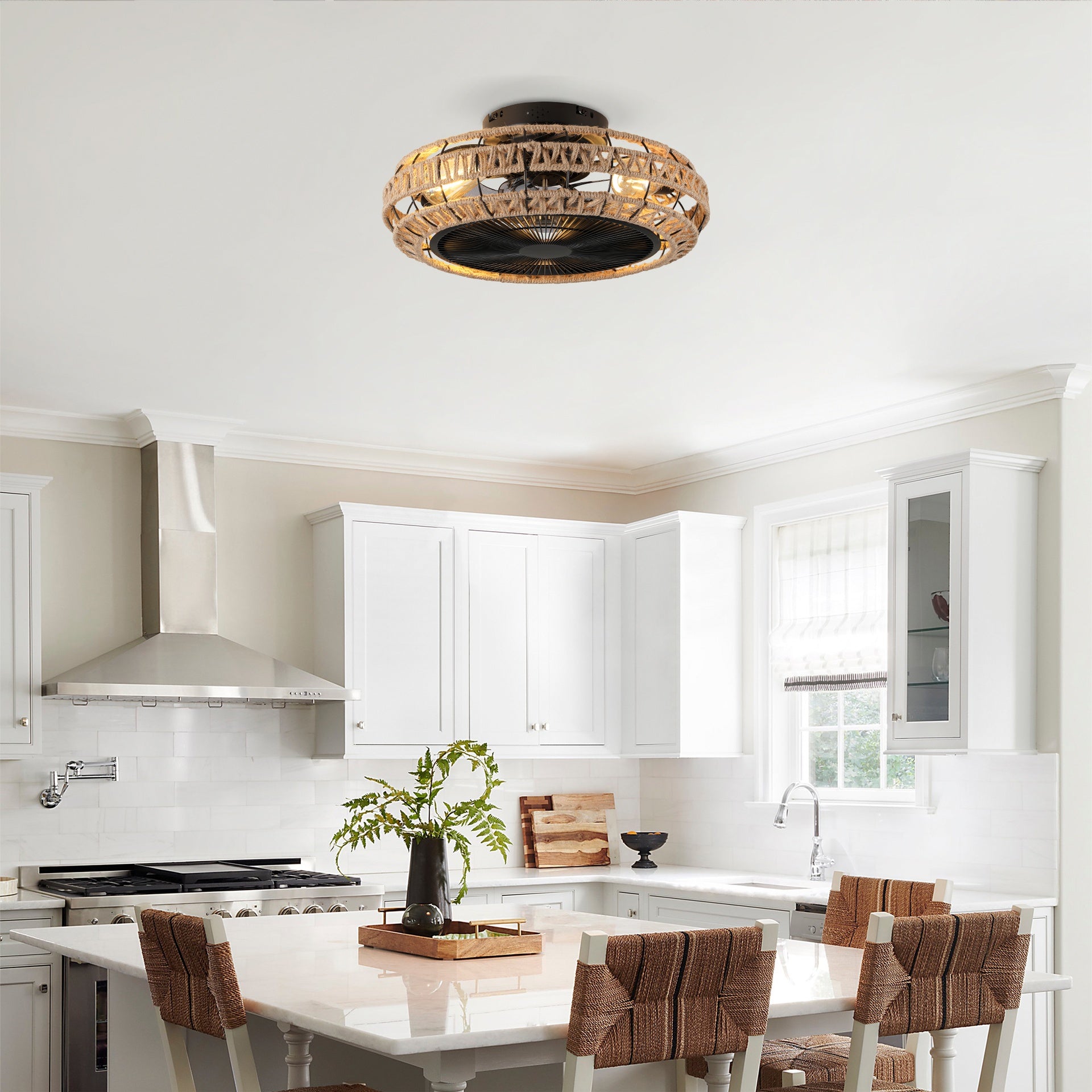 20" Vintage Rope Fan Light with Remote Control 6 Speed Adjustable Airflow Ceiling Fan For Living room, Bedroom,Kitchen--NOT INCLUDED BULBS