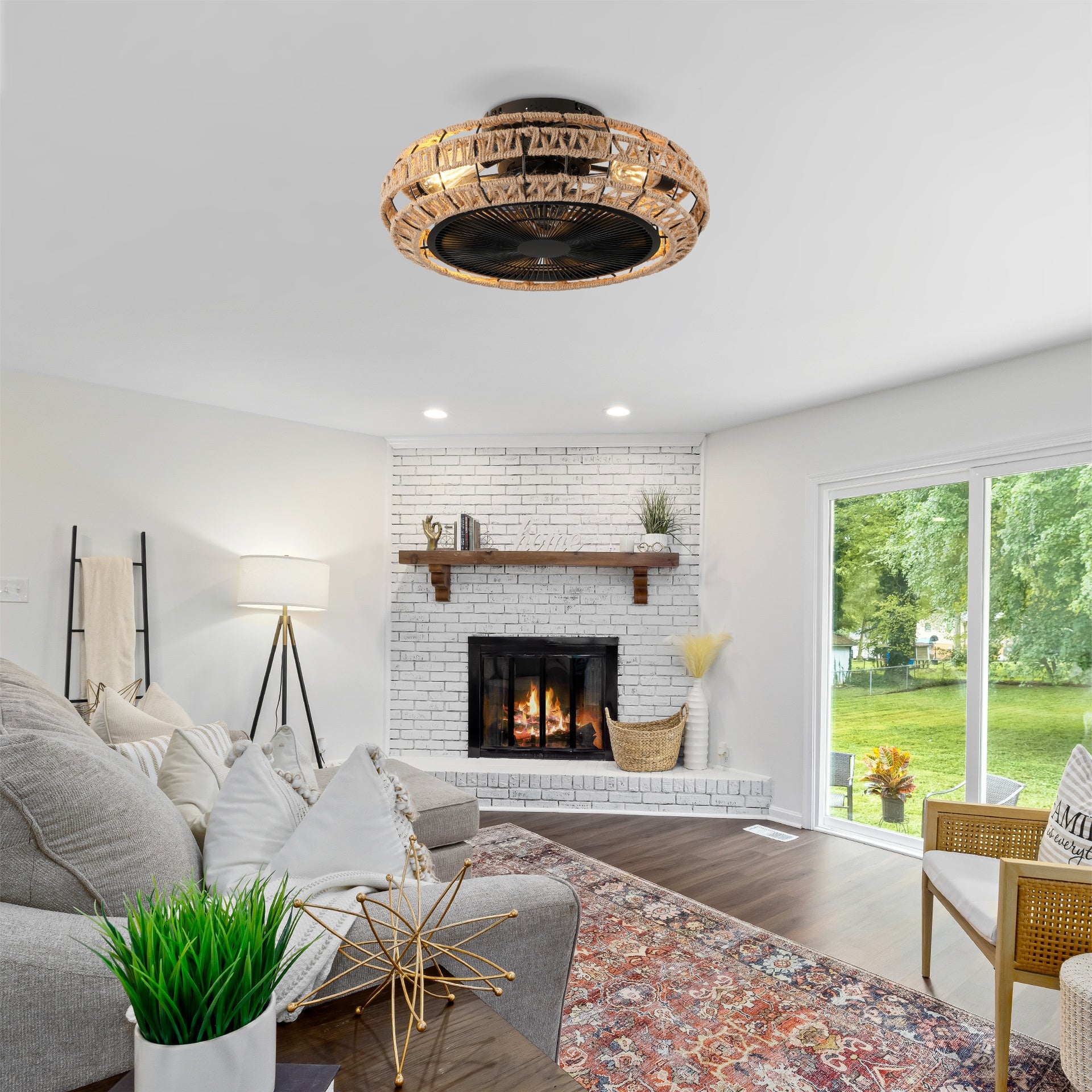 20" Vintage Rope Fan Light with Remote Control 6 Speed Adjustable Airflow Ceiling Fan For Living room, Bedroom,Kitchen--NOT INCLUDED BULBS