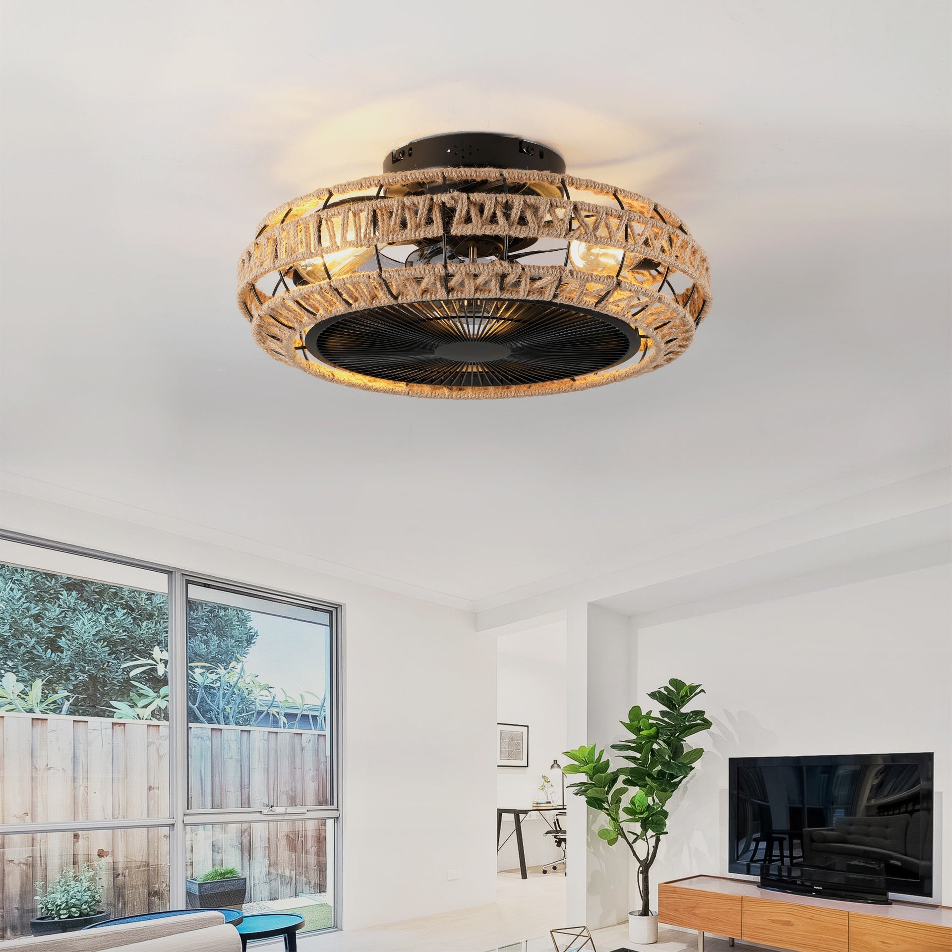 20" Vintage Rope Fan Light with Remote Control 6 Speed Adjustable Airflow Ceiling Fan For Living room, Bedroom,Kitchen--NOT INCLUDED BULBS