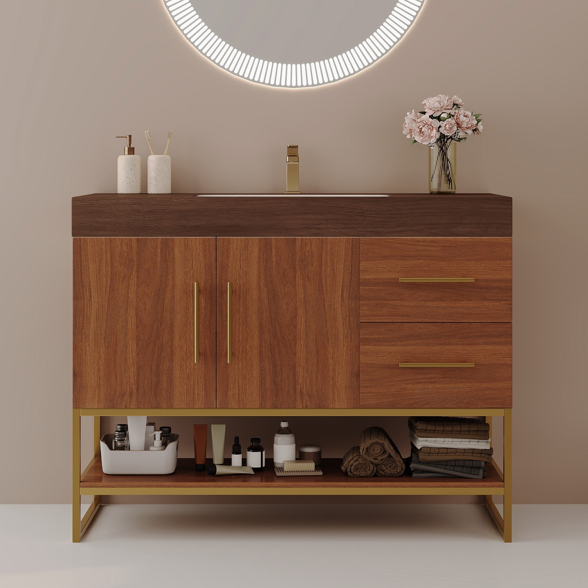 36" Modern Bathroom Vanity with Seamless Ceramic Sink & Gold Accent Free Standing Cabinet