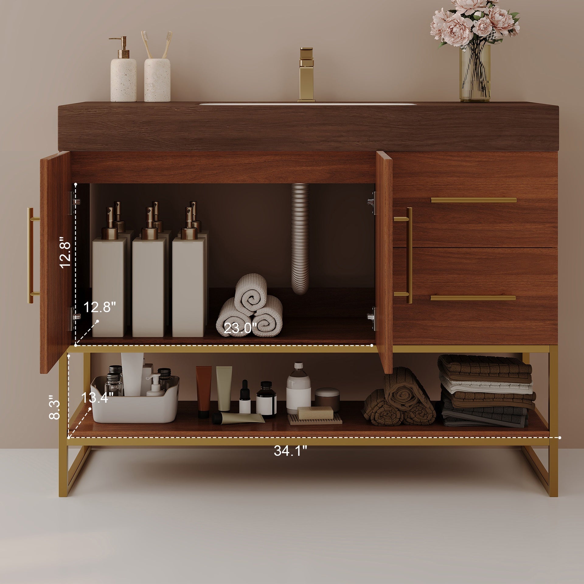 36" Modern Bathroom Vanity with Seamless Ceramic Sink & Gold Accent Free Standing Cabinet