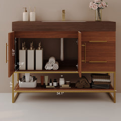 36" Modern Bathroom Vanity with Seamless Ceramic Sink & Gold Accent Free Standing Cabinet
