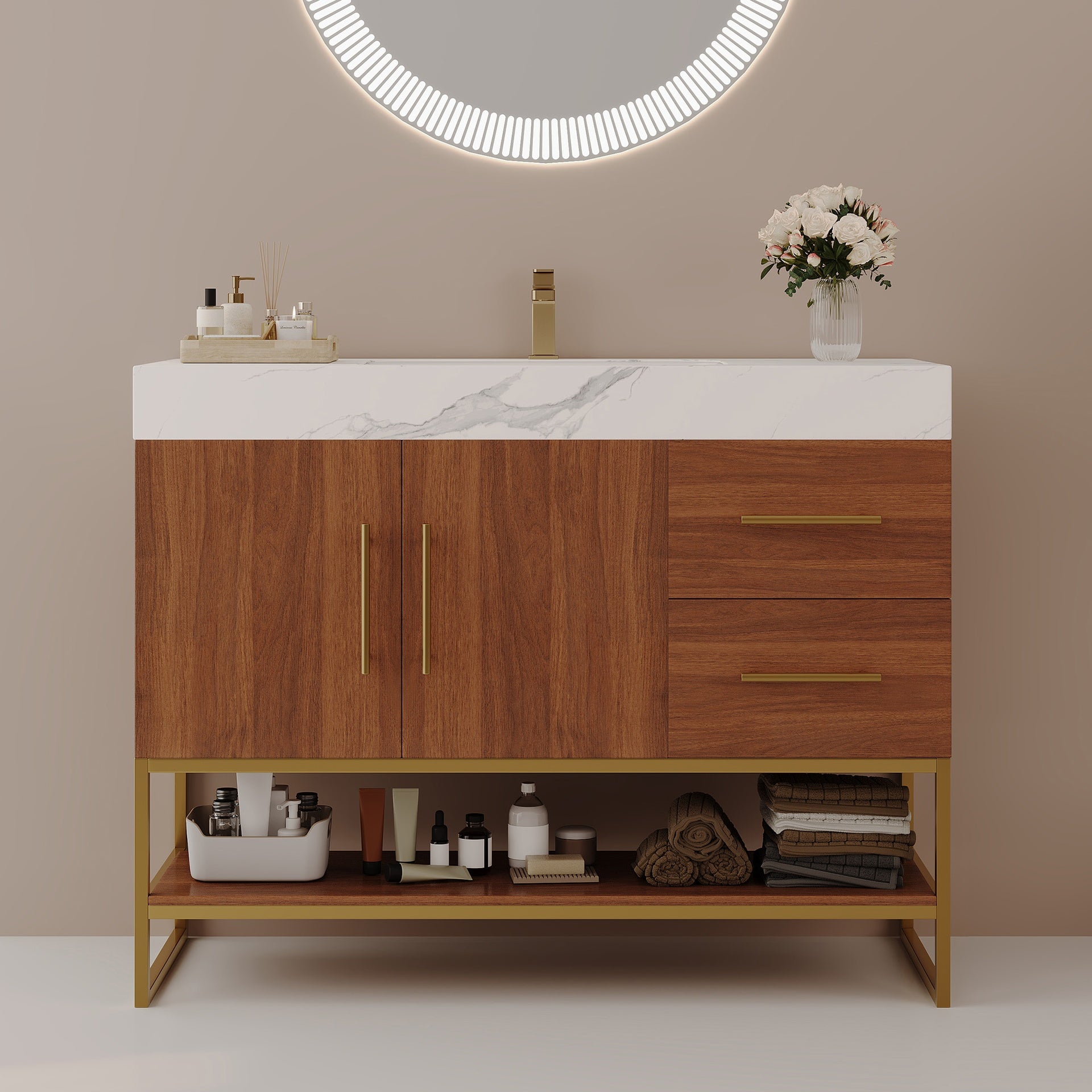 36" Modern Bathroom Vanity with Seamless Ceramic Sink & Gold Accent Free Standing Cabinet