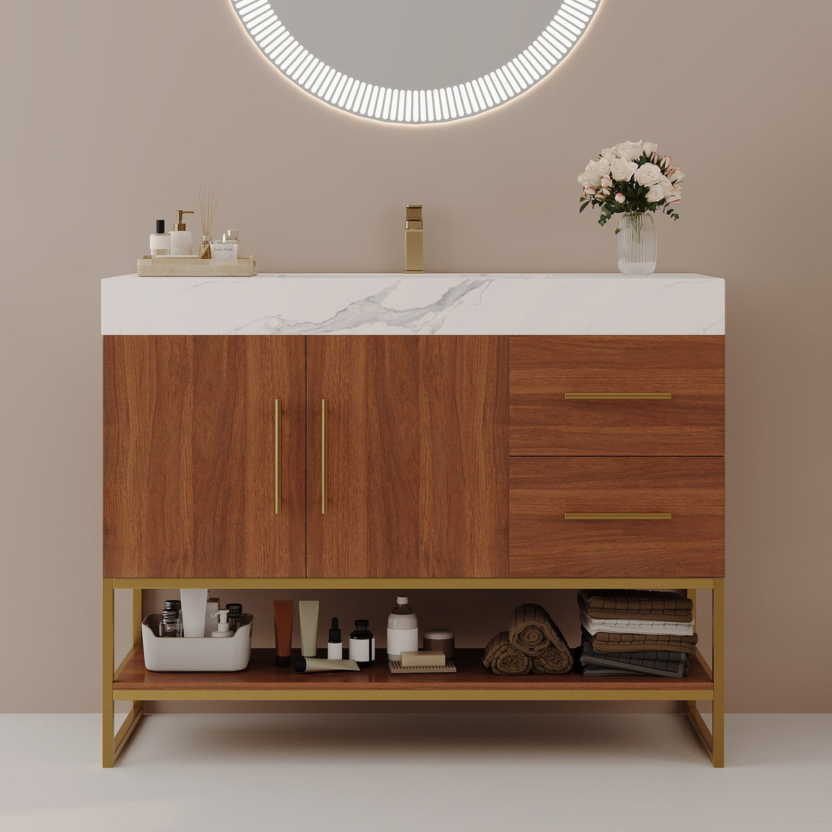 36" Modern Bathroom Vanity with Seamless Ceramic Sink & Gold Accent Free Standing Cabinet