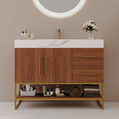 36" Modern Bathroom Vanity with Seamless Ceramic Sink & Gold Accent Free Standing Cabinet