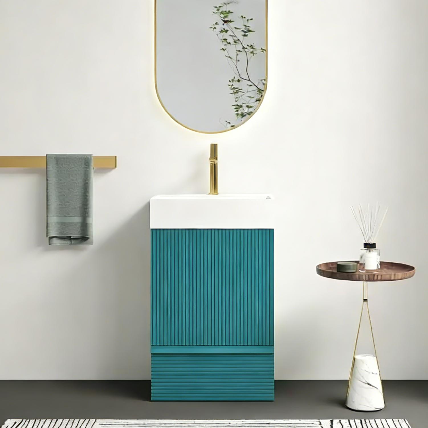 Gada 20" Striped Aquamarine Bathroom Vanity with Ceramic Sink, Freestanding Bathroom Cabinet for Modern Bathroom, One-Piece White Ceramic Basin Without Drain and Faucet, KD