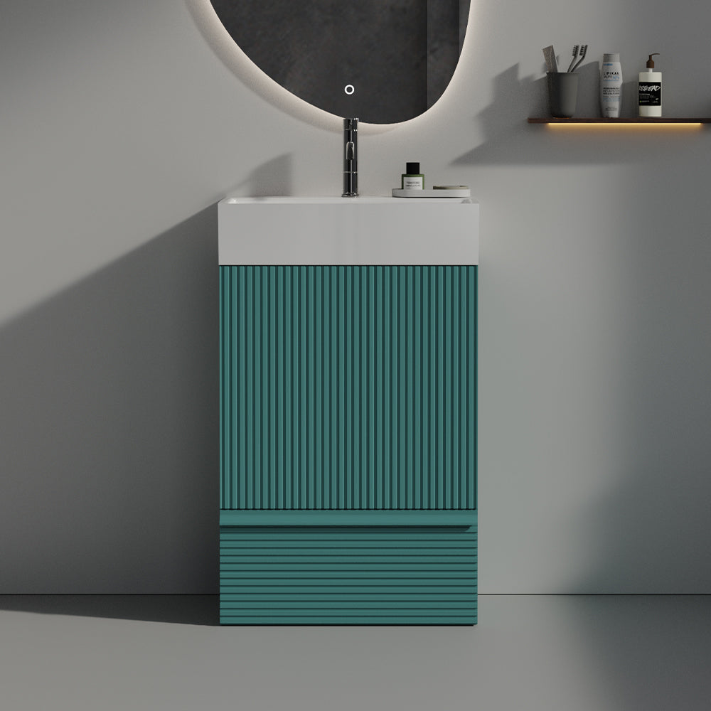 Gada 20" Striped Aquamarine Bathroom Vanity with Ceramic Sink, Freestanding Bathroom Cabinet for Modern Bathroom, One-Piece White Ceramic Basin Without Drain and Faucet, KD