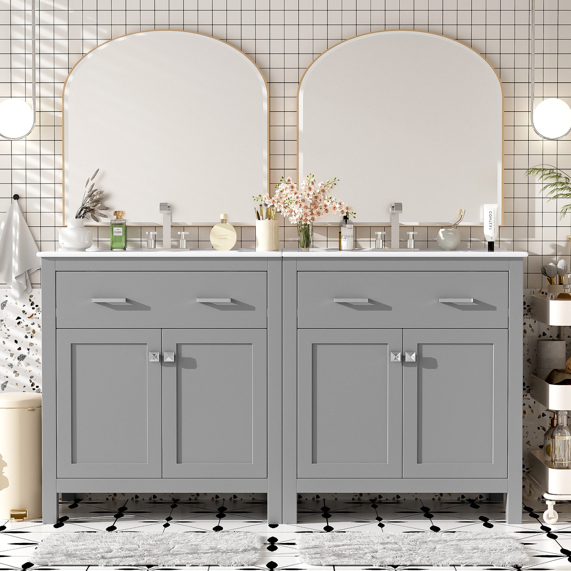 60" Modern Gray Bathroom Vanity Set with Double Vanities (Separate), Double Ceramic Sinks, Adjustable Shelf, Soft Close Doors and Flip Drawer– Modern Bathroom Solution for Spacious Bathrooms