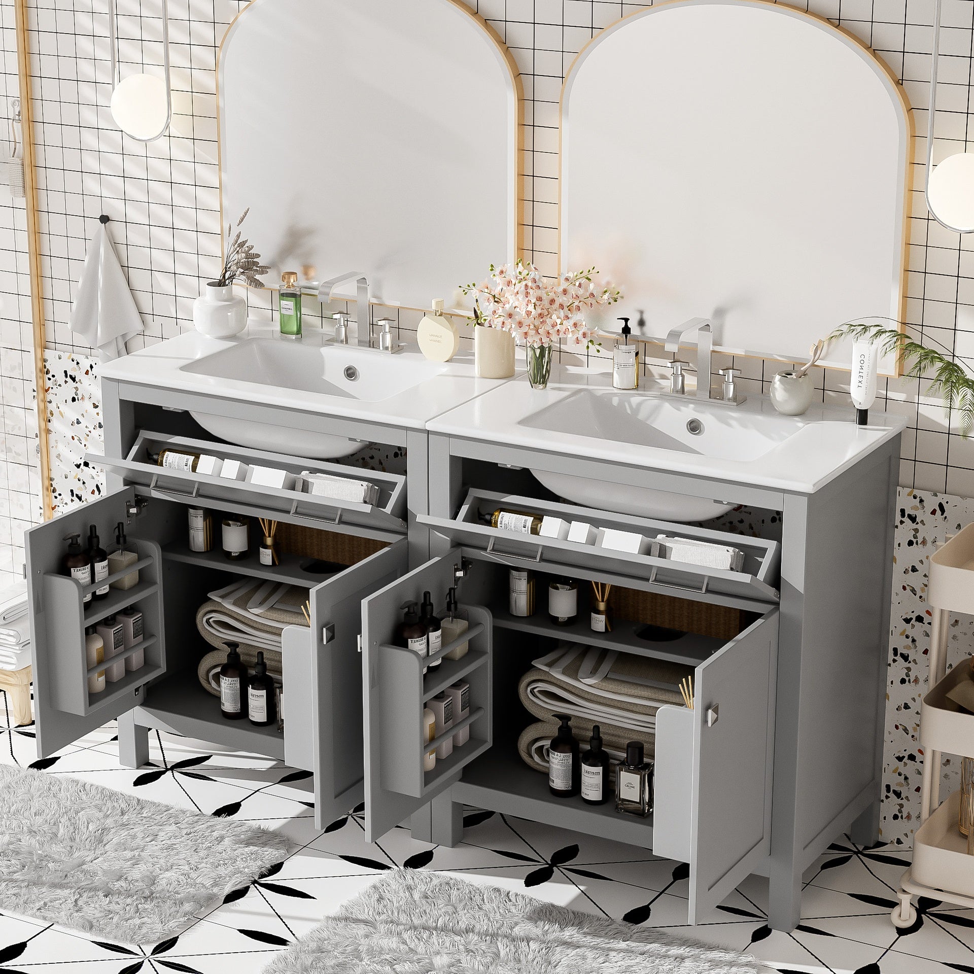 60" Modern Gray Bathroom Vanity Set with Double Vanities (Separate), Double Ceramic Sinks, Adjustable Shelf, Soft Close Doors and Flip Drawer– Modern Bathroom Solution for Spacious Bathrooms