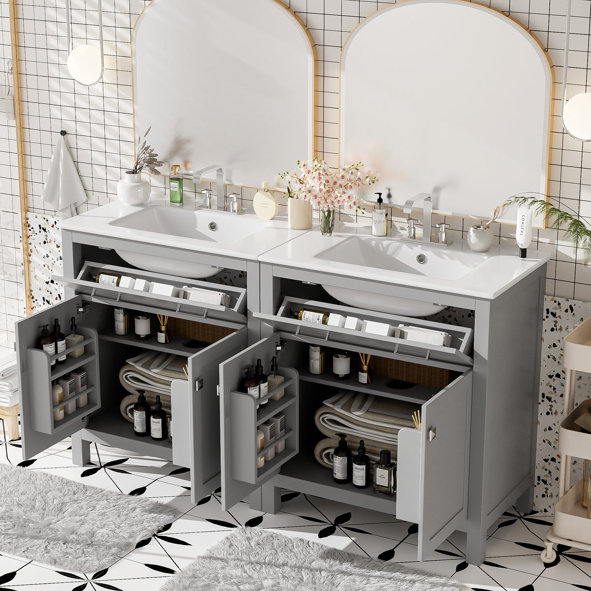60" Modern Gray Bathroom Vanity Set with Double Vanities (Separate), Double Ceramic Sinks, Adjustable Shelf, Soft Close Doors and Flip Drawer– Modern Bathroom Solution for Spacious Bathrooms