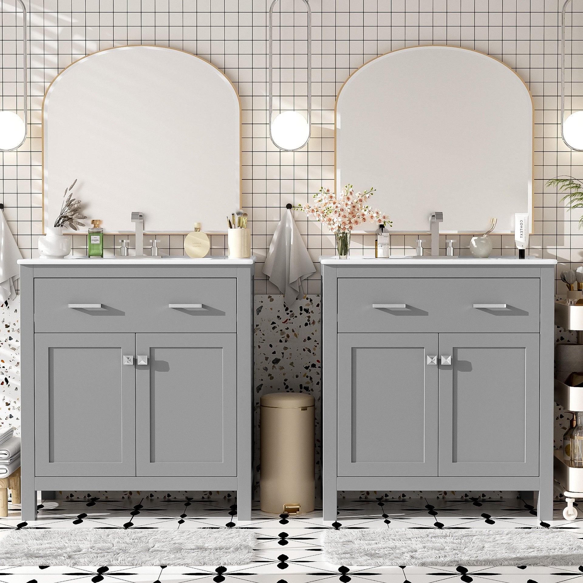 60" Modern Gray Bathroom Vanity Set with Double Vanities (Separate), Double Ceramic Sinks, Adjustable Shelf, Soft Close Doors and Flip Drawer– Modern Bathroom Solution for Spacious Bathrooms